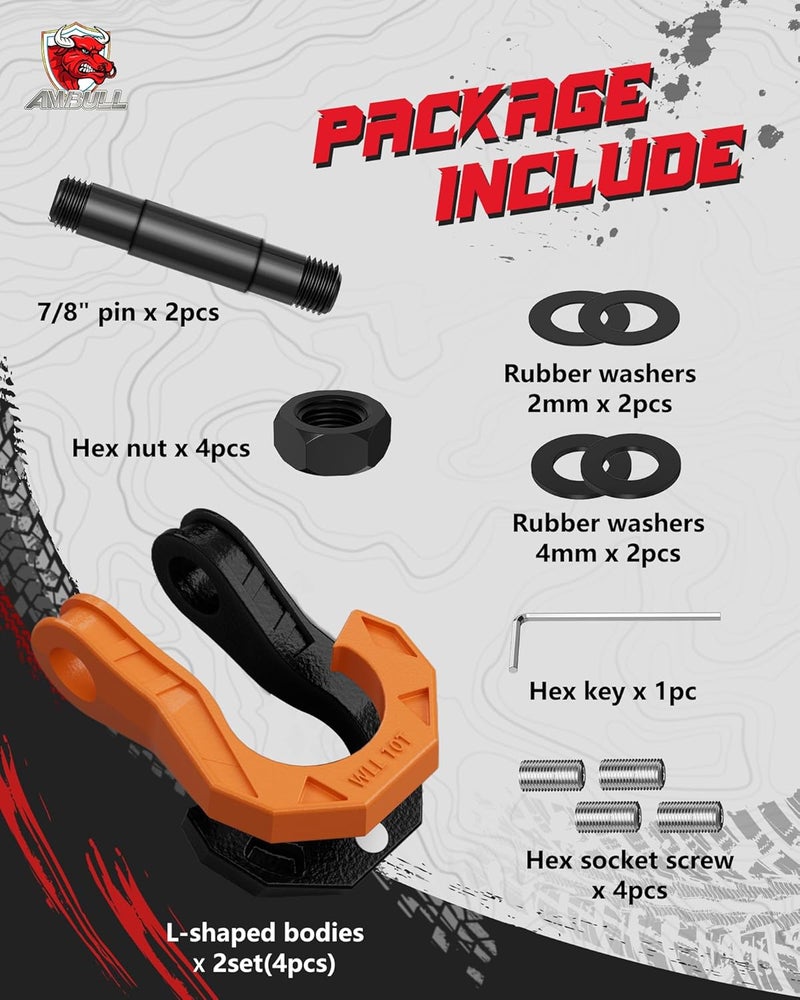 AMBULL 3/4" D Ring Separate Shackles, 52,910lbs Break Strength Easy Open Towing Winch Shackles, Heavy Duty Shackles with 7/8" Screw Pin for Tow Strap Winch Off Road Vehicle Recovery (BlackOrange) - Image 2
